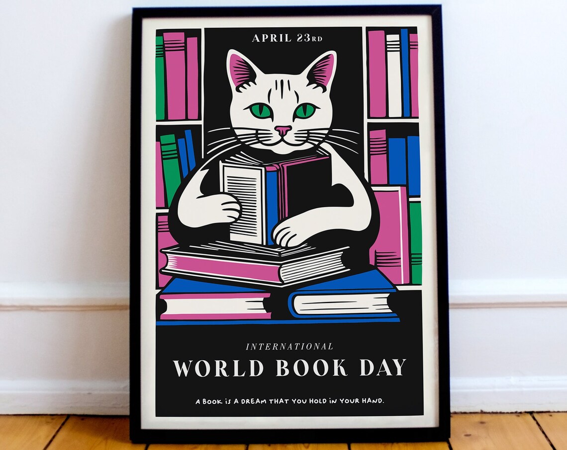 International World Book Day White Cat Reading Quote Art Poster