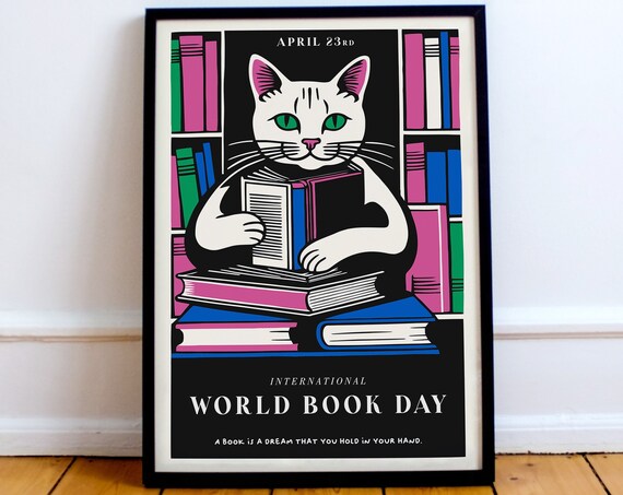International World Book Day White Cat Reading Quote Art Poster