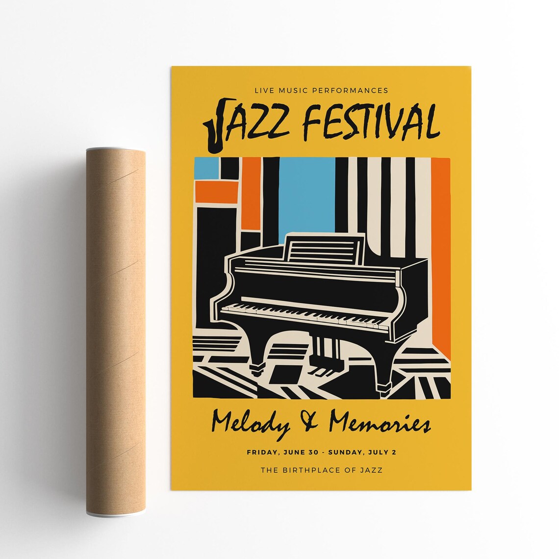 Bright Yellow Melody & Memories Retro Jazz Festival Piano Poster