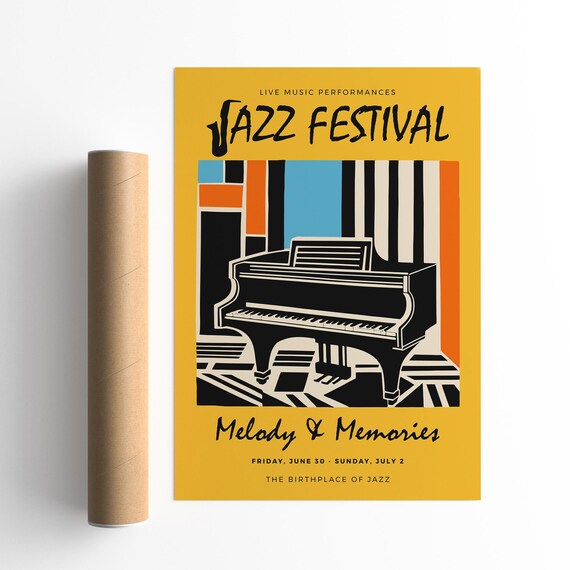 Bright Yellow Melody & Memories Retro Jazz Festival Piano Poster