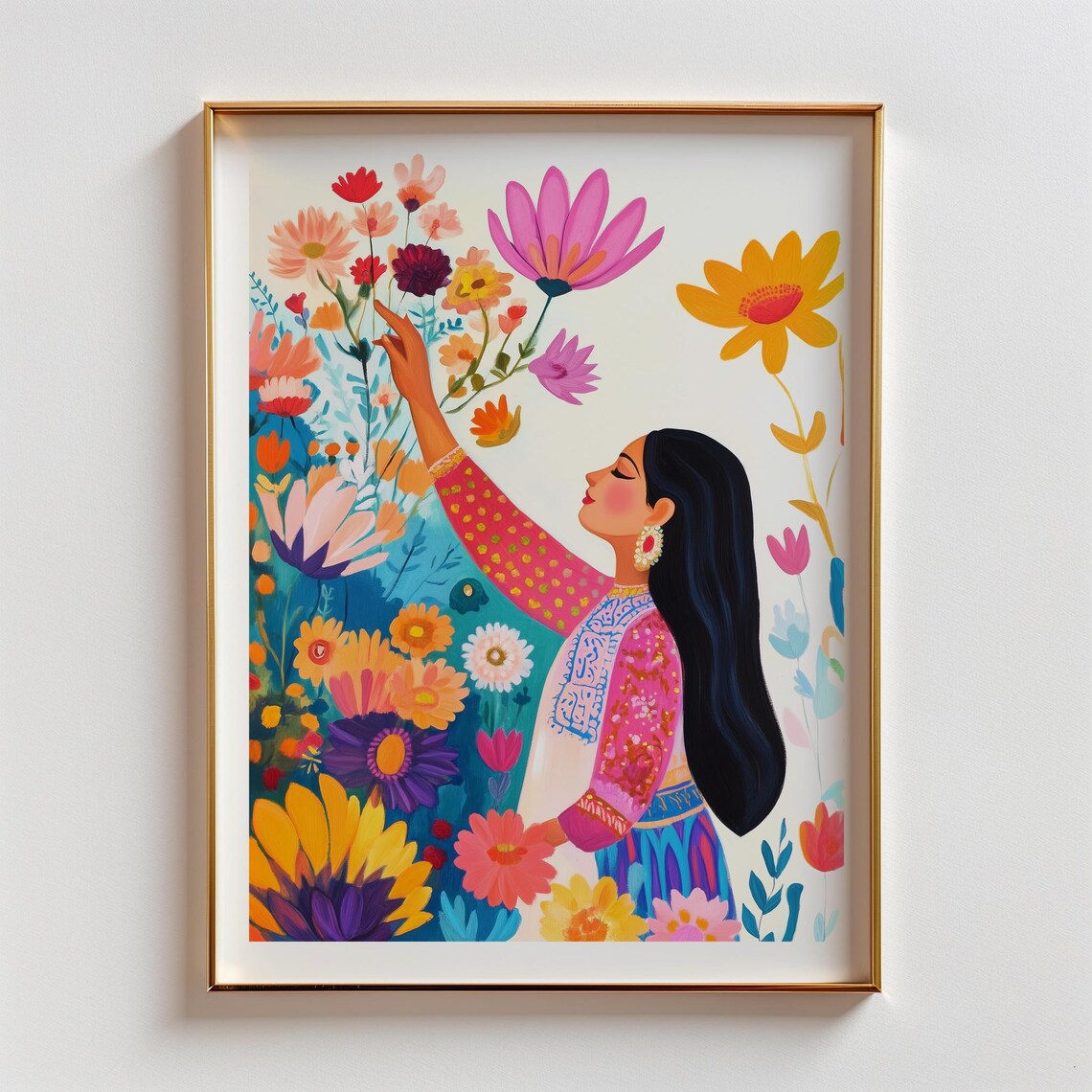 Woman Reaching for Bright Flowers Indian Floral Garden Art Poster