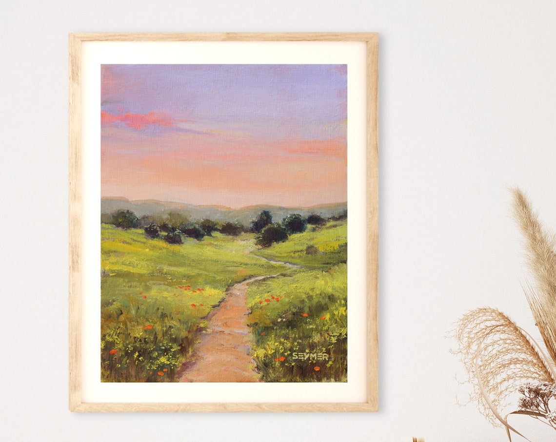 Flower-Dotted Meadow Path under a Soft Pink Sunset Sky Poster - Image 4
