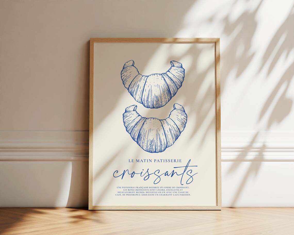 Croissants French Patisserie Blue Kitchen Wall Art Retro Print Poster