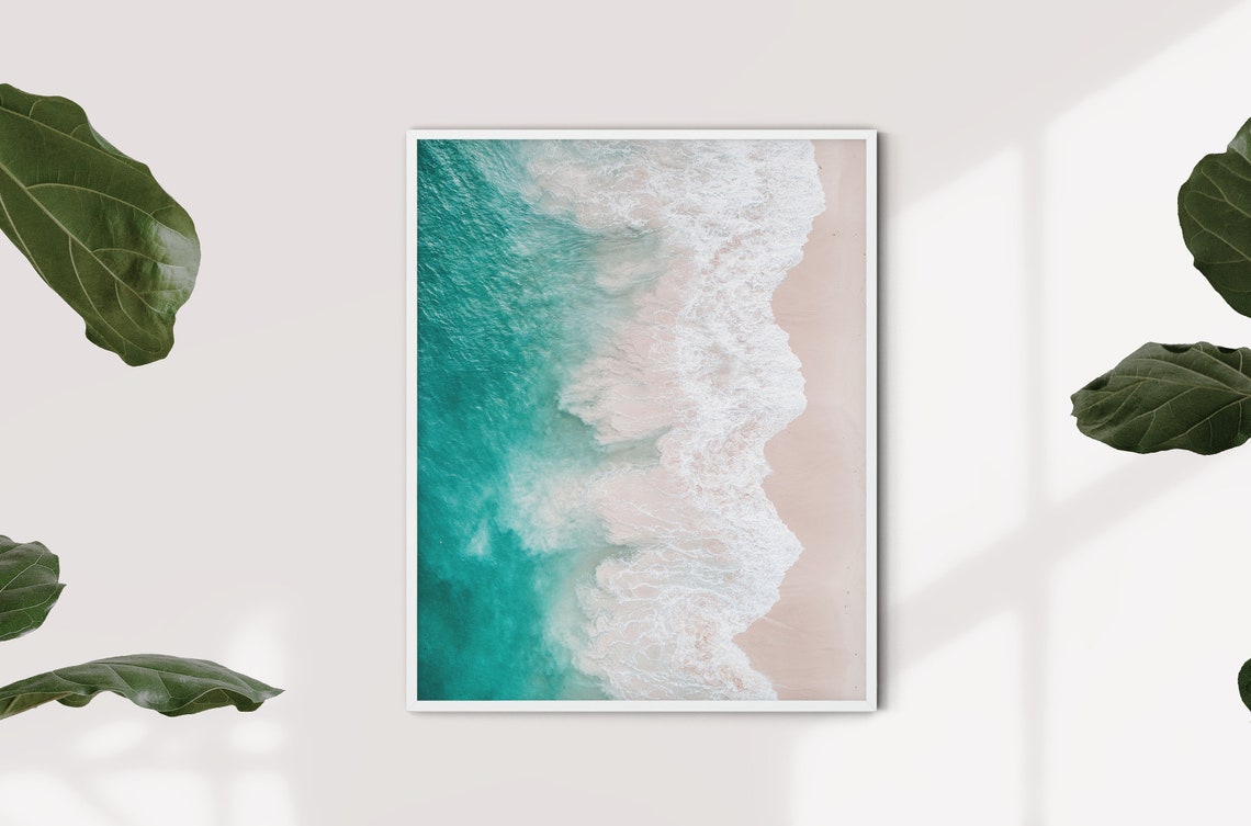 Turquoise Ocean Waves Pink Sand Beach Aerial Coastal Photography Print - Image 3