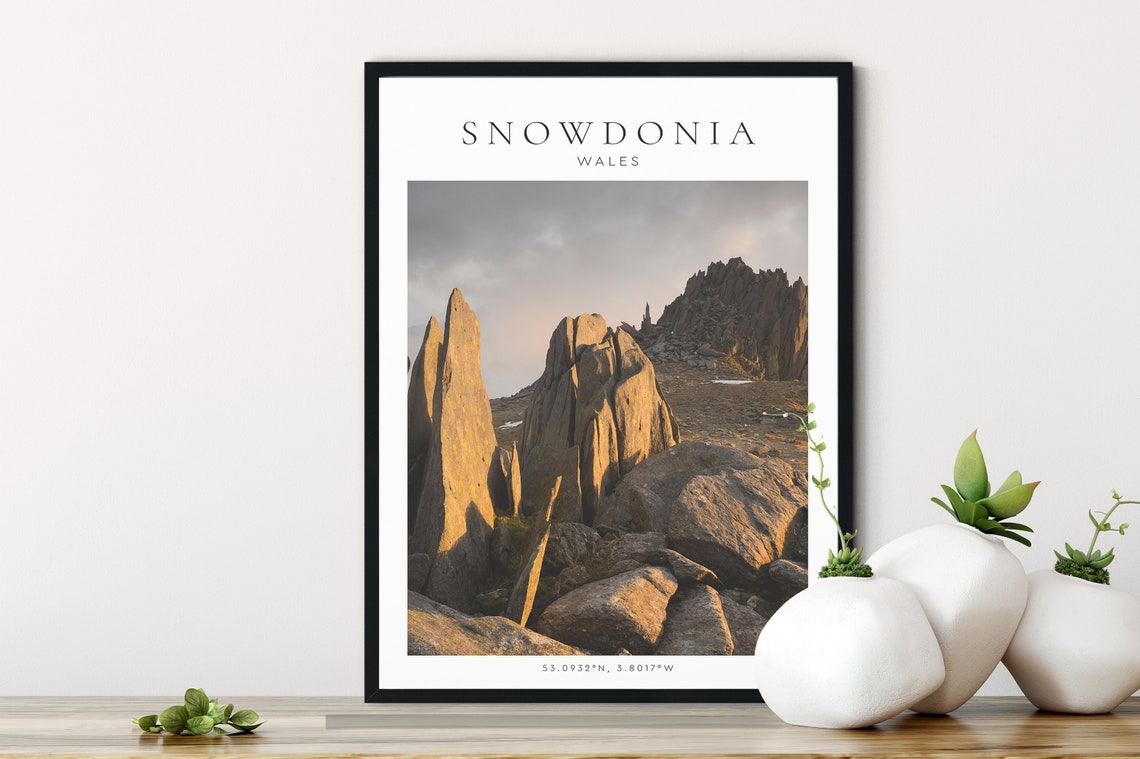 Snowdonia Wales Golden Hour Rocky Mountain Peaks Coordinates Poster