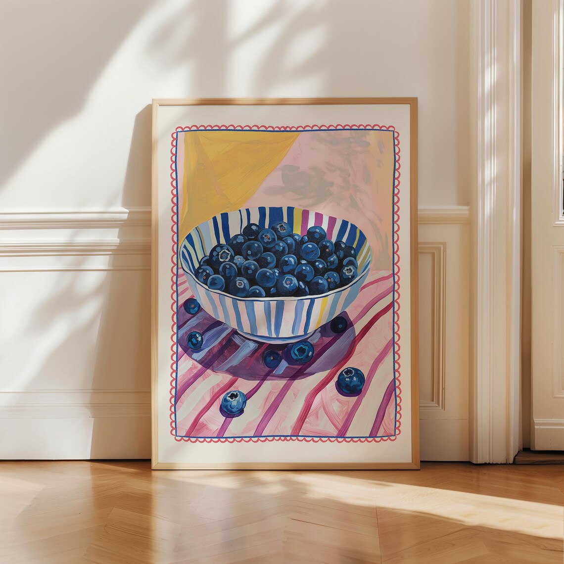 Blueberries Bowl Colorful Fruit Market Illustration Kitchen Art Poster