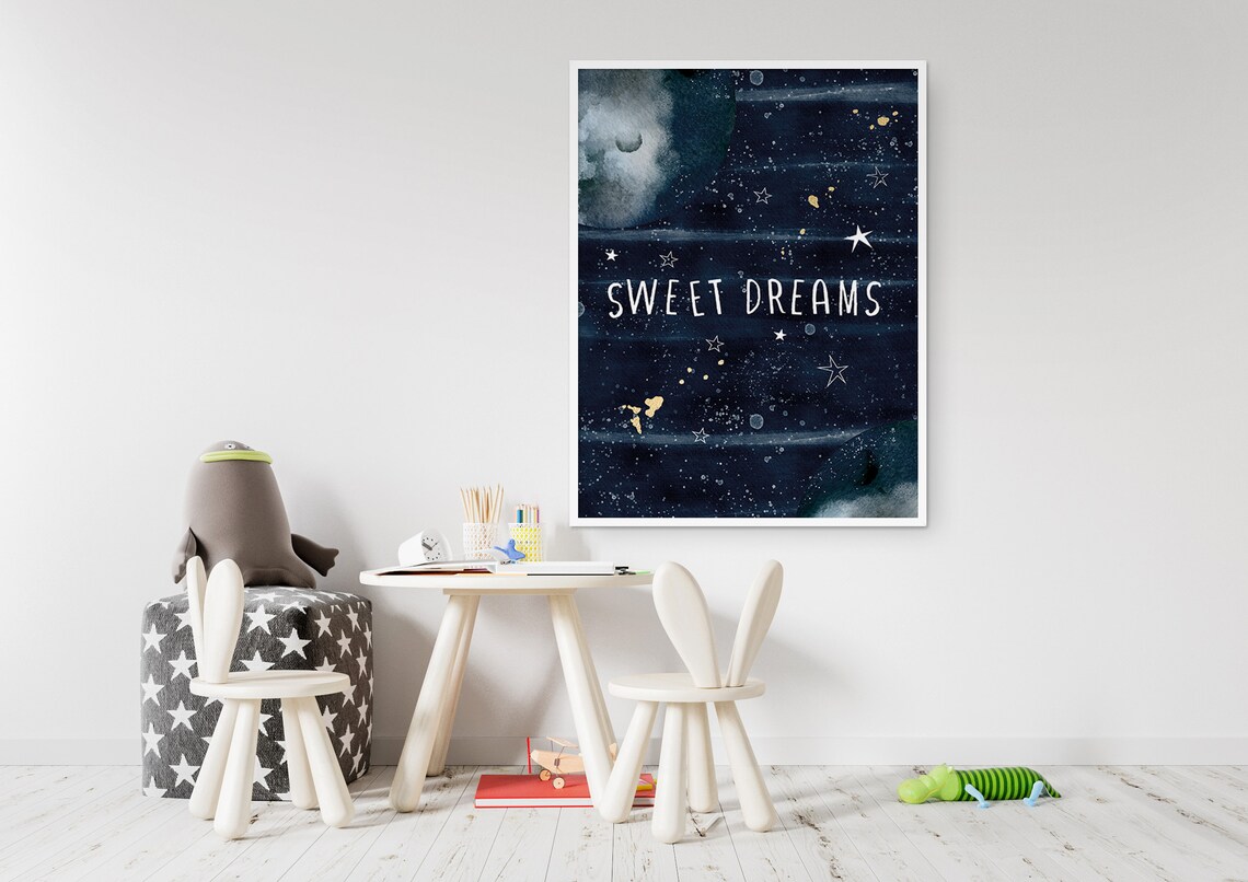 Sweet Dreams Starry Night Watercolor Nursery Stars Moon Wall Poster - Image 3