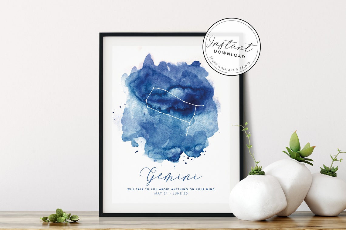 Gemini Zodiac Constellation Blue Watercolor Star Sign Wall Art Print