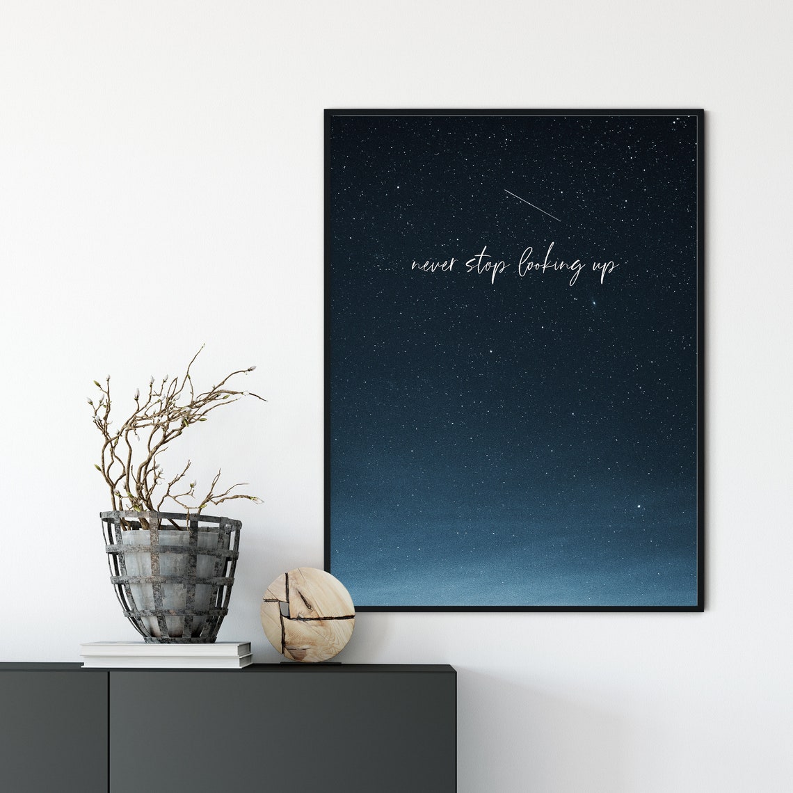 Never Stop Looking Up Starry Night Sky Script Quote Typography Poster - Image 5