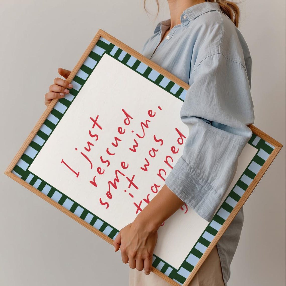 Funny Wine Rescue Quote Red Handwritten Green Checkered Kitchen Poster - Image 3