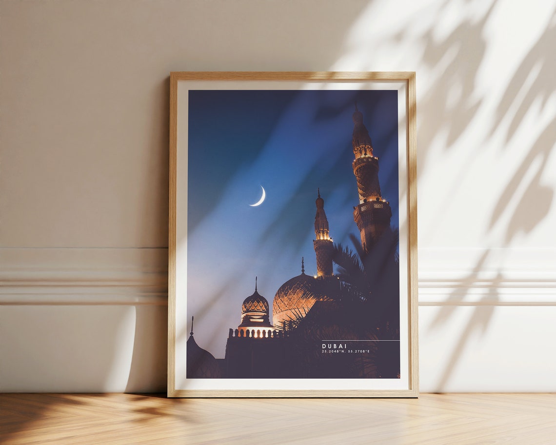 Dubai Mosque Crescent Moon Dusk Silhouette UAE Arabian Nights Poster