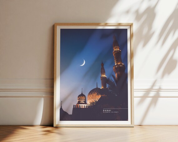 Dubai Mosque Crescent Moon Dusk Silhouette UAE Arabian Nights Poster