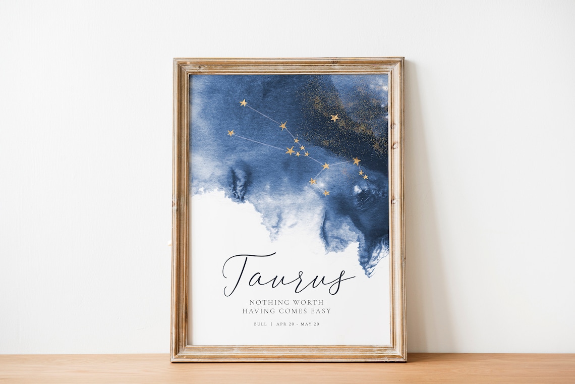 Taurus Zodiac Constellation Poster Navy Watercolor Gold Stars Astrology Art