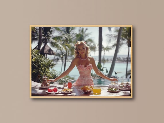Slim Aarons Inspired Tropical Breakfast Print Retro Glam Ocean View