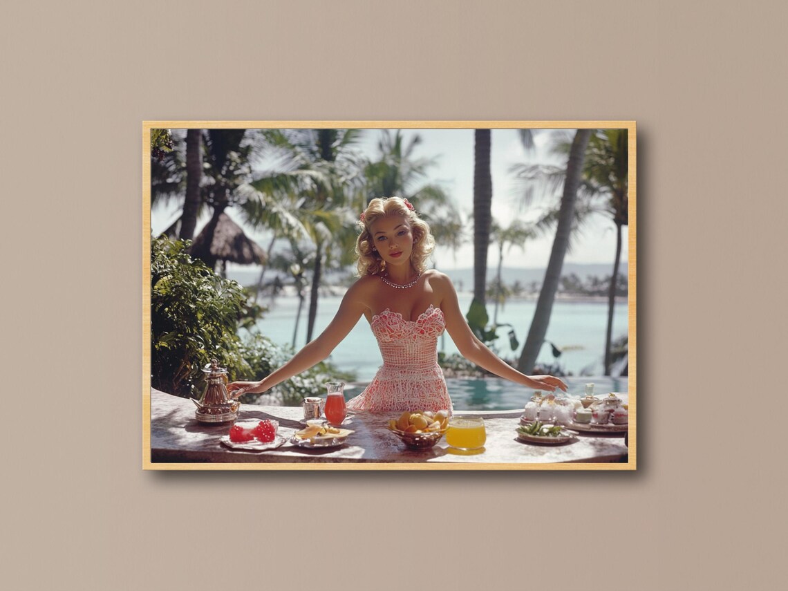 Slim Aarons Inspired Tropical Breakfast Print Retro Glam Ocean View