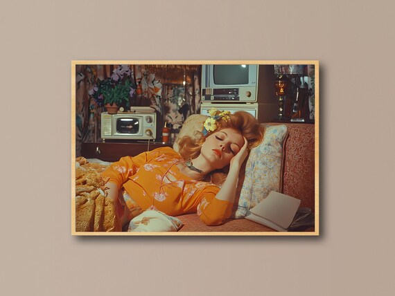70s Retro Bedroom Wall Art Sleeping Woman Vintage Print Midcentury Modern Nostalgia Decor