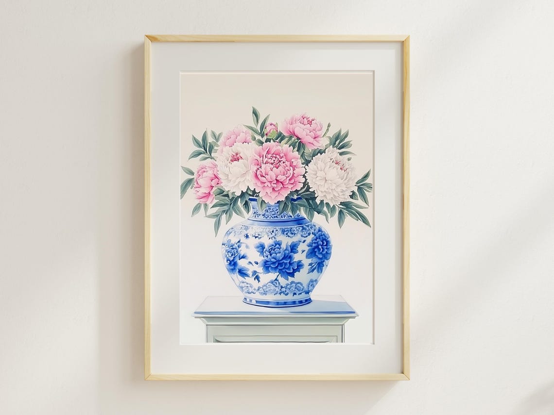 Chinoiserie Peony Vase Wall Art Blue White Floral Print Elegant Botanical Decor