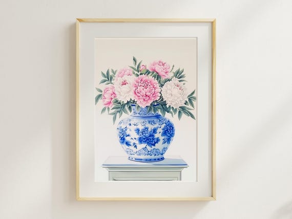 Chinoiserie Peony Vase Wall Art Blue White Floral Print Elegant Botanical Decor