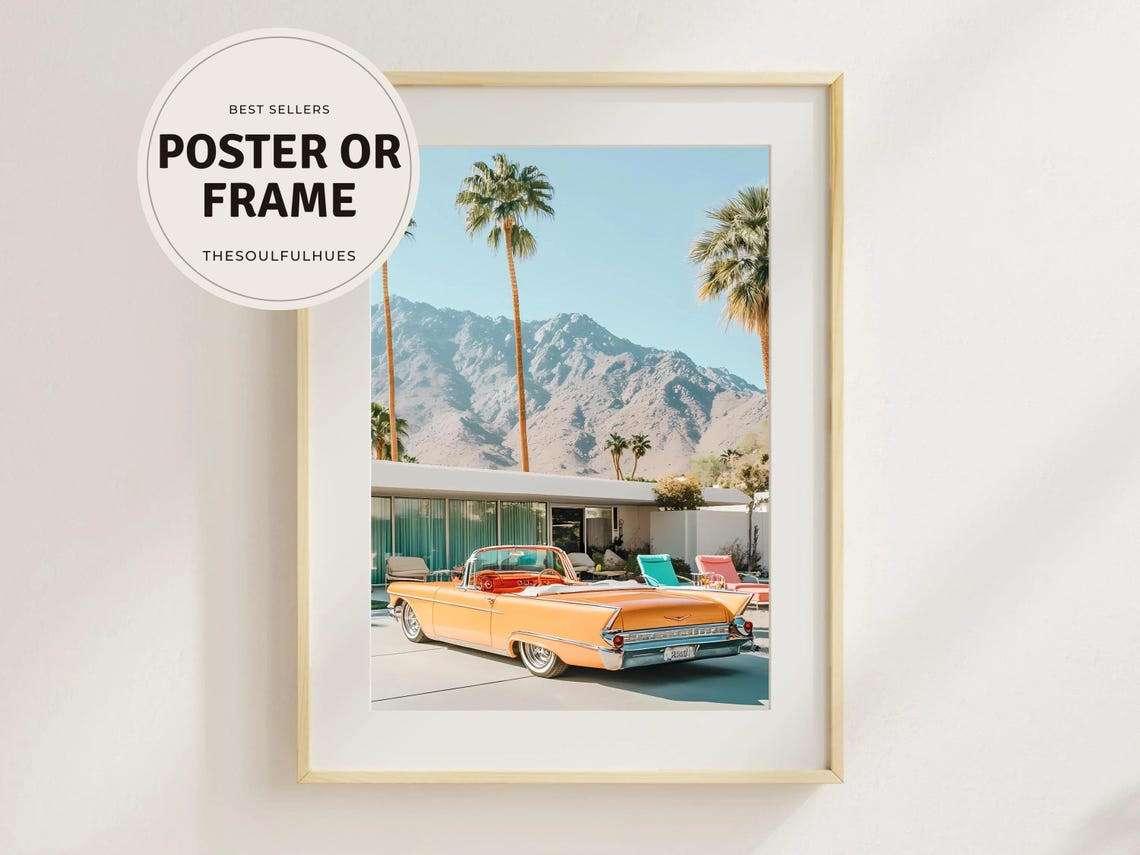 Classic Retro Palm Springs Convertible Midcentury Car Scene Poster