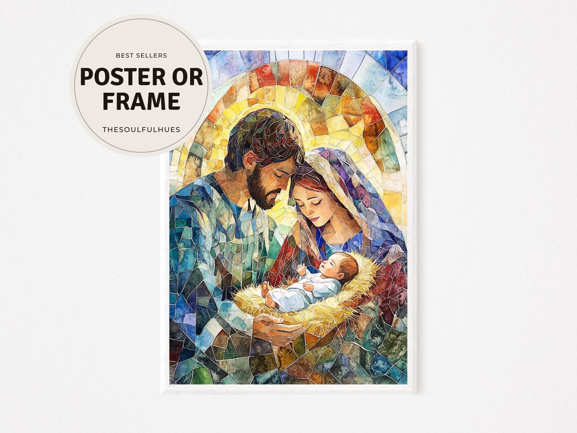 Holy Family Nativity Stained Glass Style Christmas Art Poster
