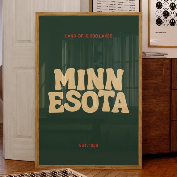 Minnesota Land Of 10000 Lakes Est 1858 Retro Typography Travel Poster