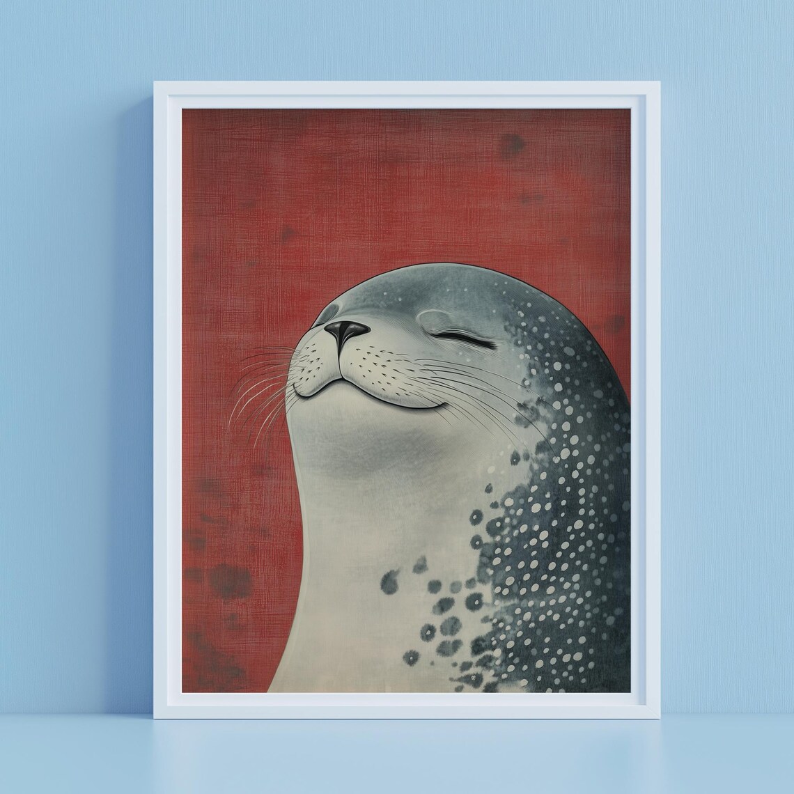 Serene Spotted Seal Portrait Red Minimal Marine Animal Art Poster - Image 3