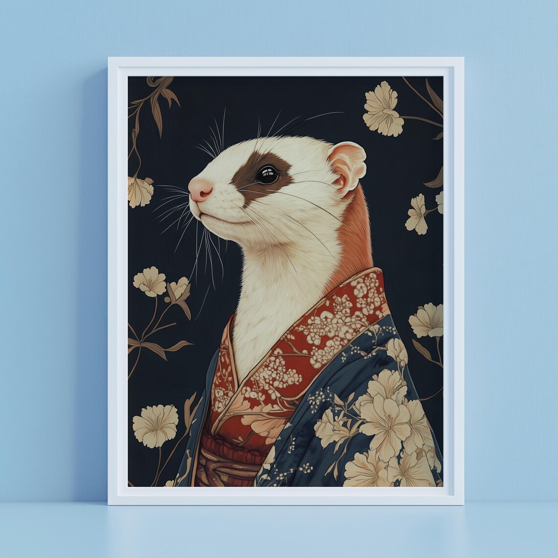 Ferret in Kimono Japanese Floral Dark Portrait Funny Art Poster - Image 2
