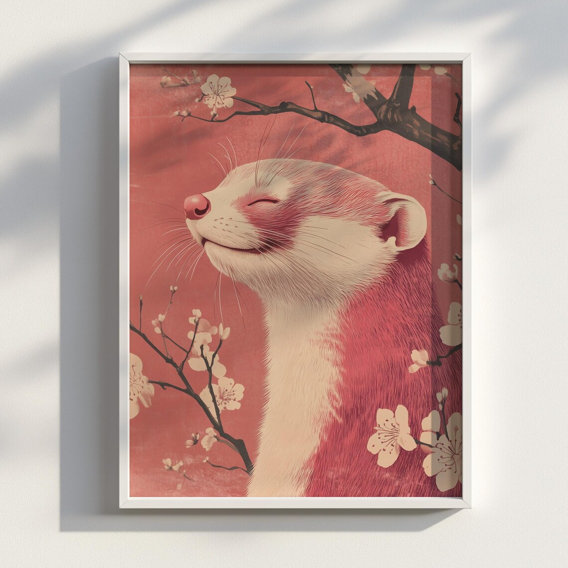 Pink Otter Cherry Blossom Red Japanese Floral Animal Art Poster