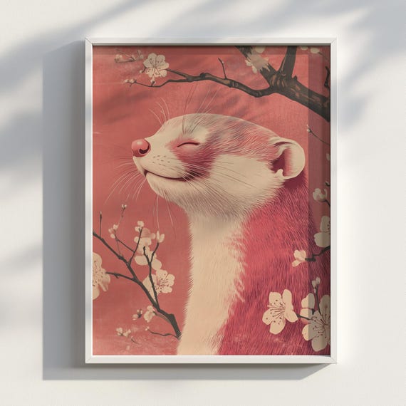 Cherry Blossom Ferret Japanese Ukiyoe Print Animal Art Japandi Minimalist Zen Decor Pastel Wall Poster Illustration Pink Portrait