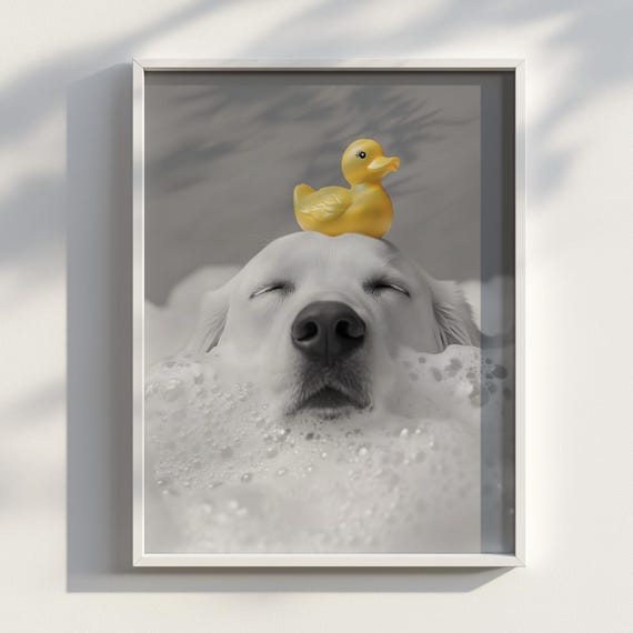 Duck Lather Golden Labrador In Bubble Bath With Rubber Funny Dog Photography Print Whimsical Bathroom Wall Art