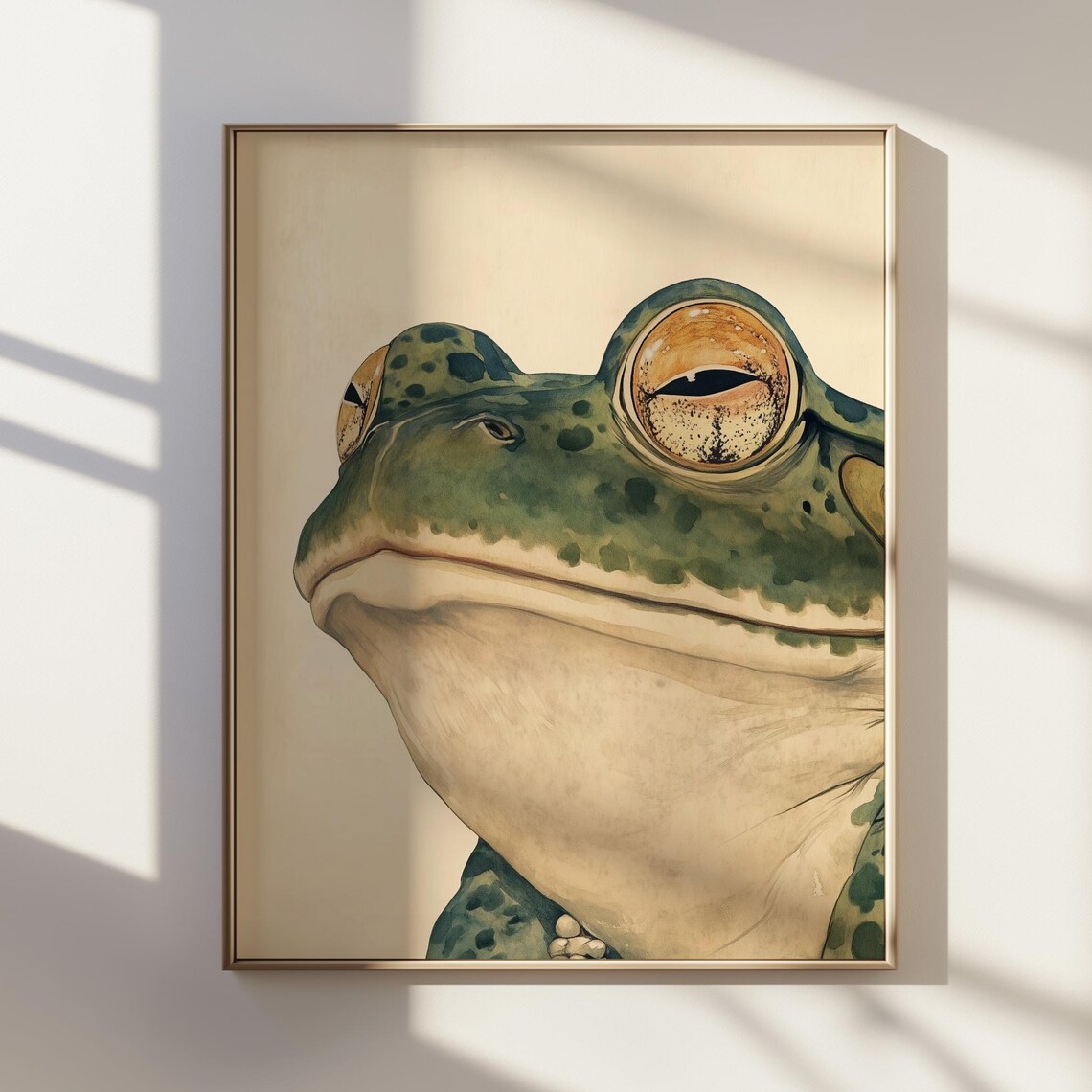 Green Frog Close Up Japanese Watercolor Style Amphibian Poster