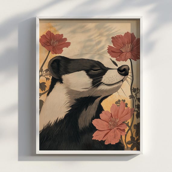 Ukiyoe Badger Wall Art Print Serene Japanese Style Animal Illustration With Blossoms For Zen And Japandi Home Dcor Portrait