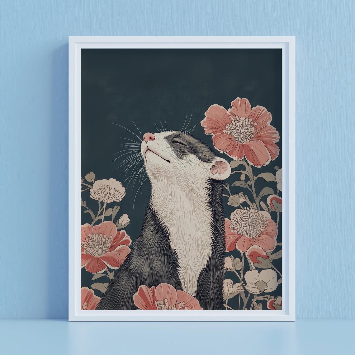Smiling Ferret Among Pink Blossoms Ukiyoe Floral Ink Art Poster - Image 2
