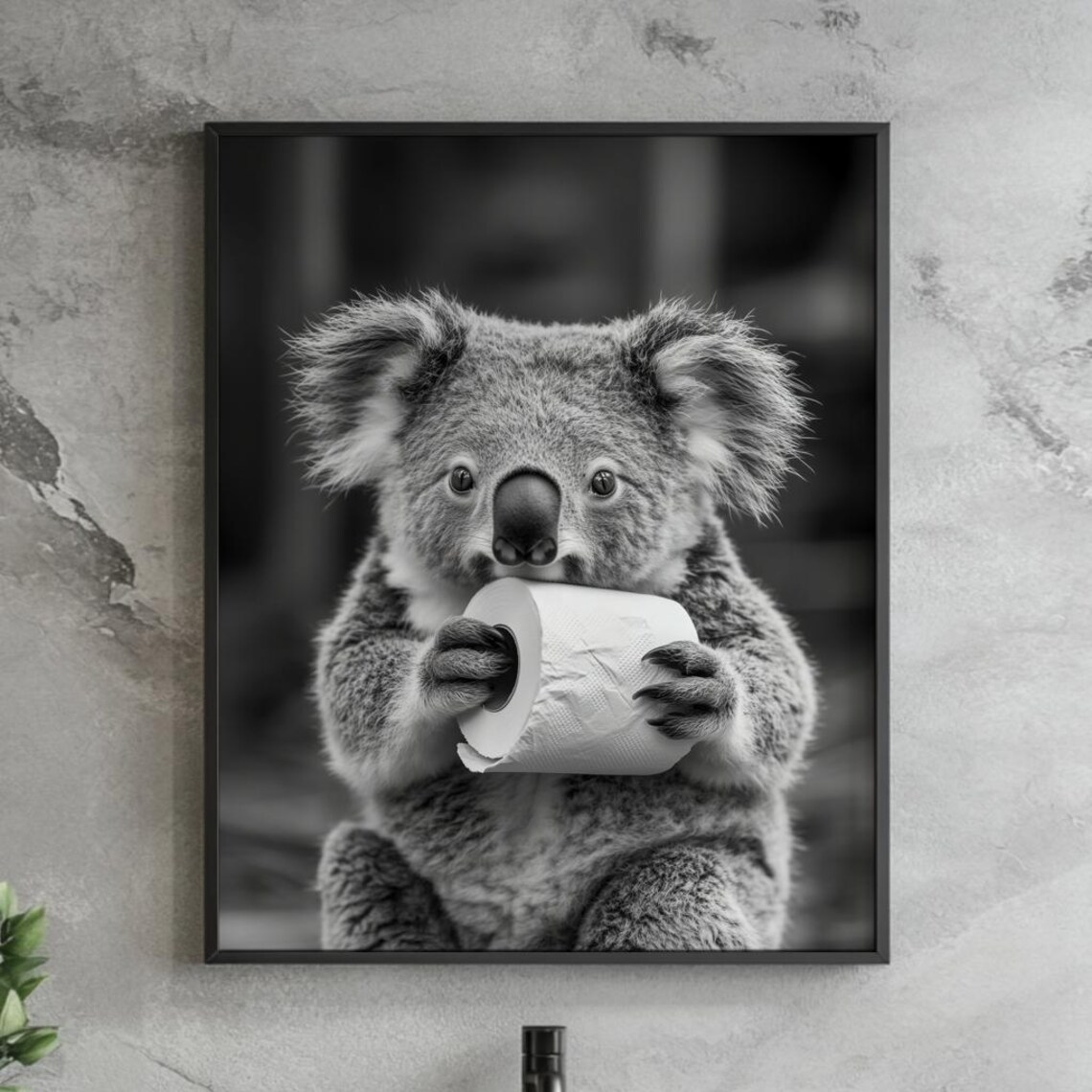 Cute Funny Koala Toilet Paper Roll Black White Bathroom Poster