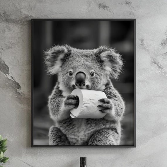 Funny Koala Toilet Paper Print Black And White Bathroom Wall Art Quirky Animal Poster Playful Wildlife Decor Whimsical
