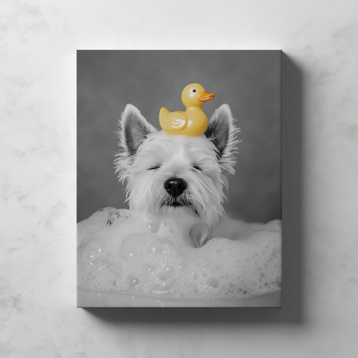 Westie Dog In Bubble Bath Funny Bathroom Wall Art West Highland White Terrier With Rubber Duck Spa Tub - Image 3