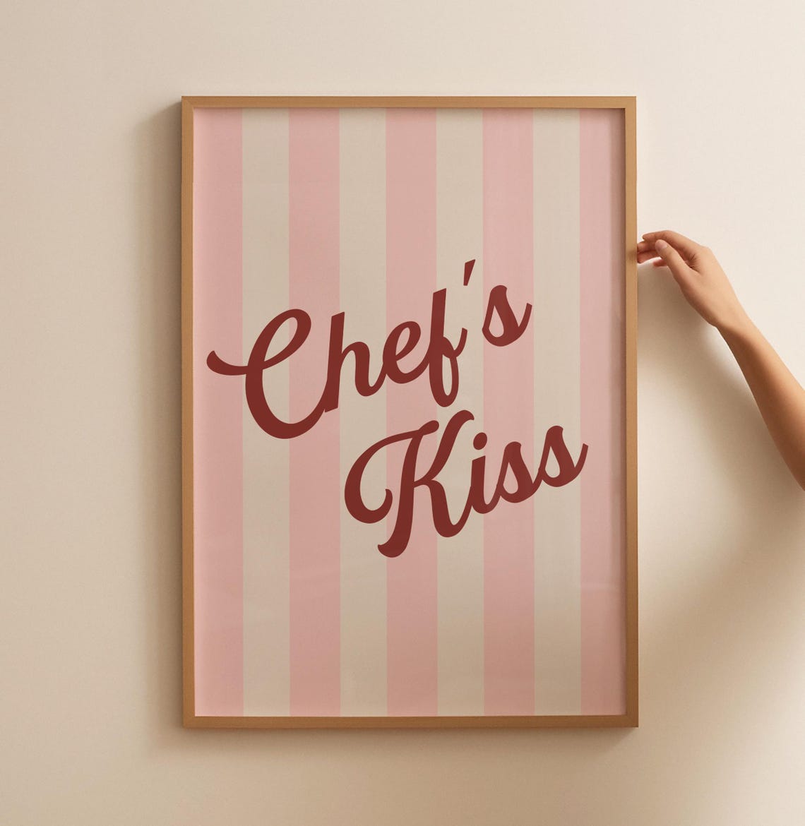 Funny Chefs Kiss Retro Script Pink Striped Kitchen Quote Wall Art