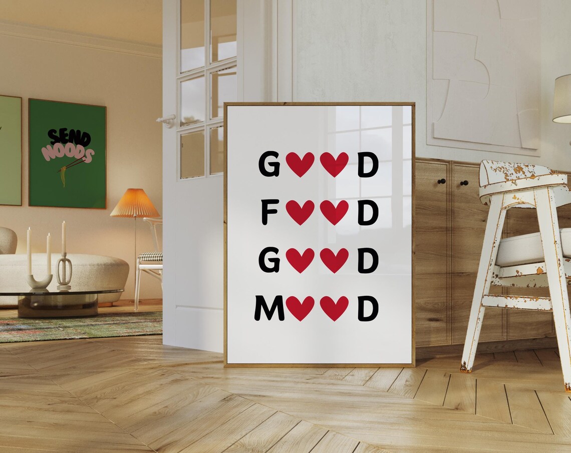 Good Food Good Mood Red Heart Letters Fun Kitchen Quote Poster - Image 2