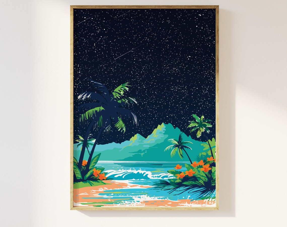 Starry Night Tropical Beach Palm Trees Retro Ocean Travel Poster