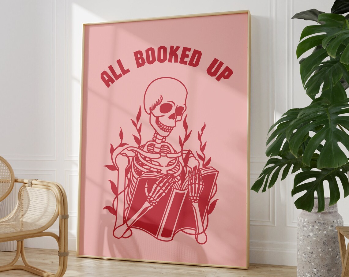 All Booked Up Pink Skeleton Reading Retro 70s Book Lover Wall Poster