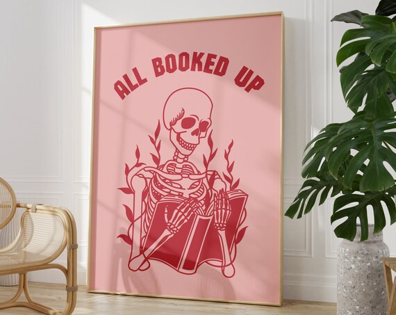 All Booked Up Pink Skeleton Reading Retro 70s Book Lover Wall Poster