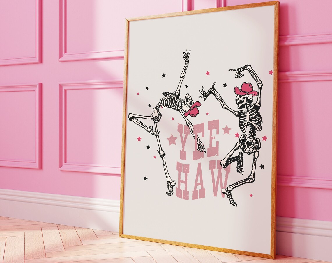 Dancing Skeletons Yee Haw Cowboy Halloween Funny Pink Poster
