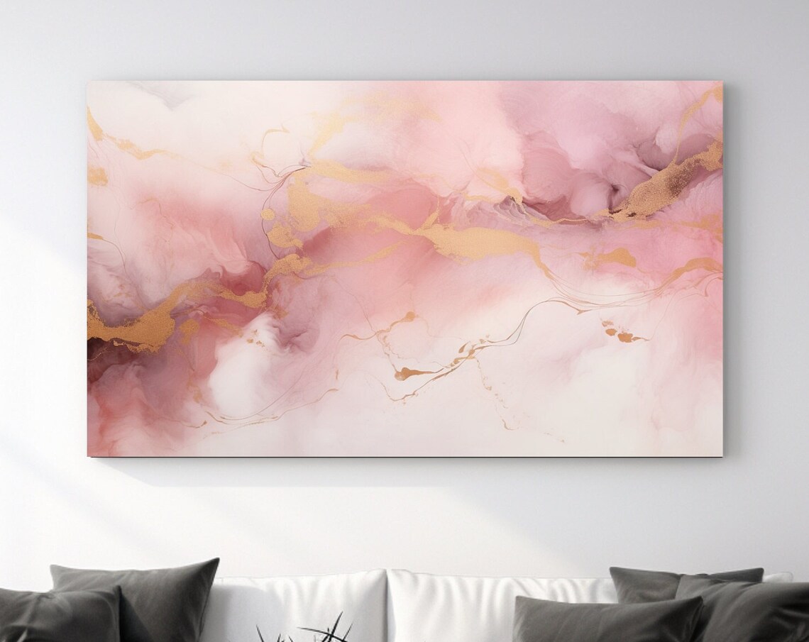 Rosegold Marble Abstract with Gold Veins Luxury Blush Wall Art