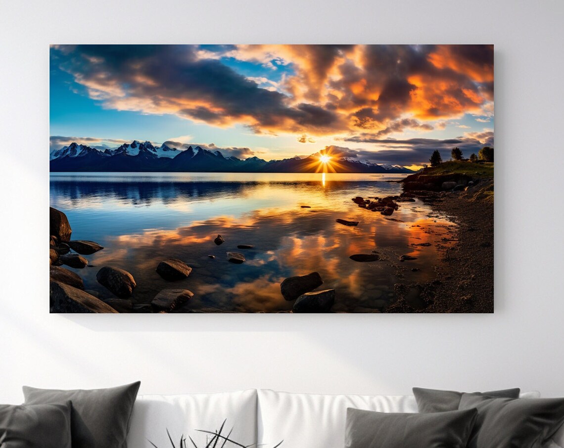 Norway Sunset Lake with Mountain Silhouette Golden Reflections Poster