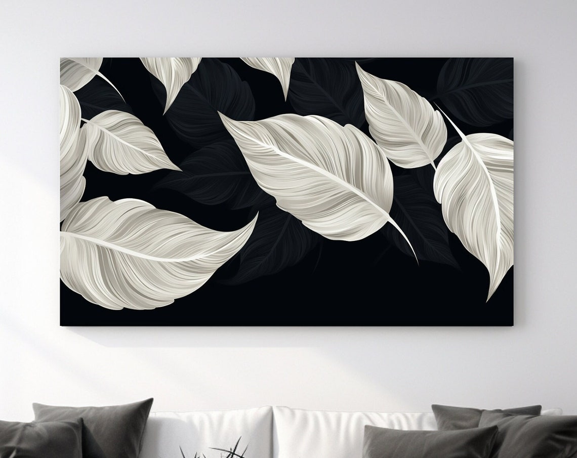 White Tropical Leaves Black Background Modern Botanical Poster