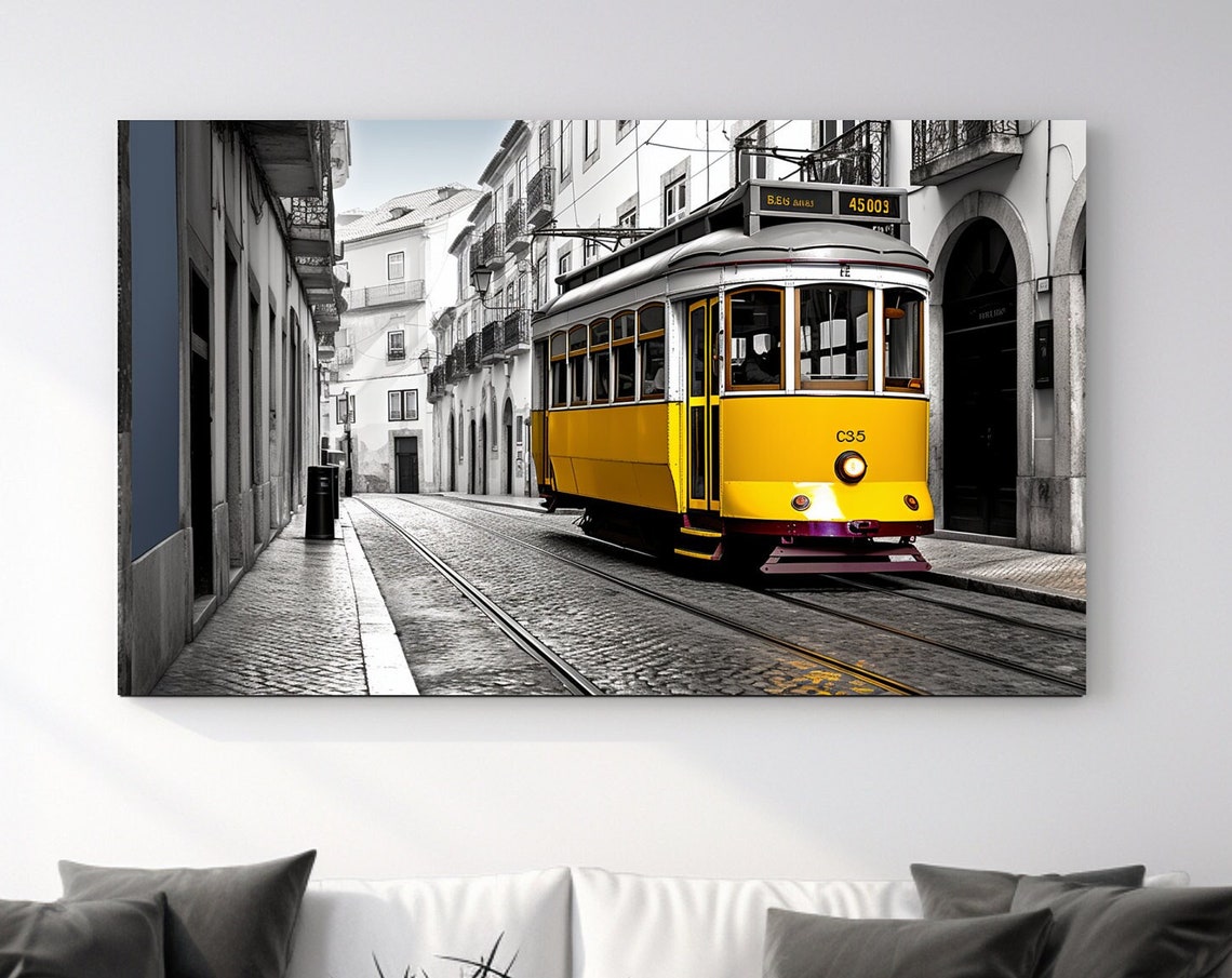 Lisbon Yellow Classic Tram Color Splash Cobblestone Street Poster