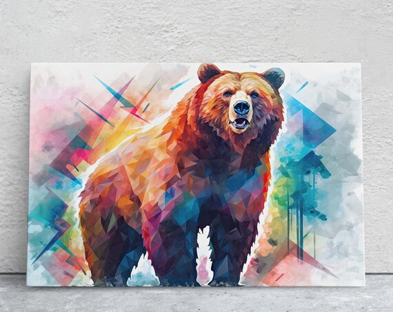 Geometric Low Poly Brown Bear Colorful Wildlife Portrait Art Poster
