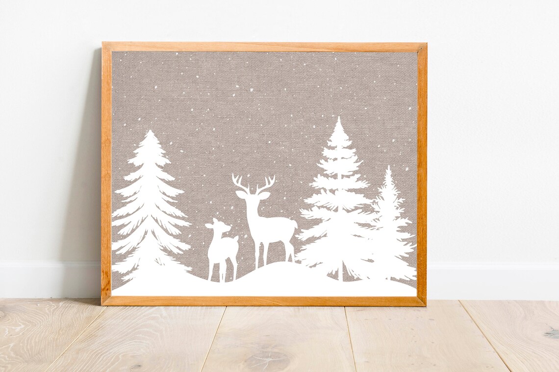 Deer Silhouettes In Snow White On Taupe Winter Woodland Scene Poster - Image 5
