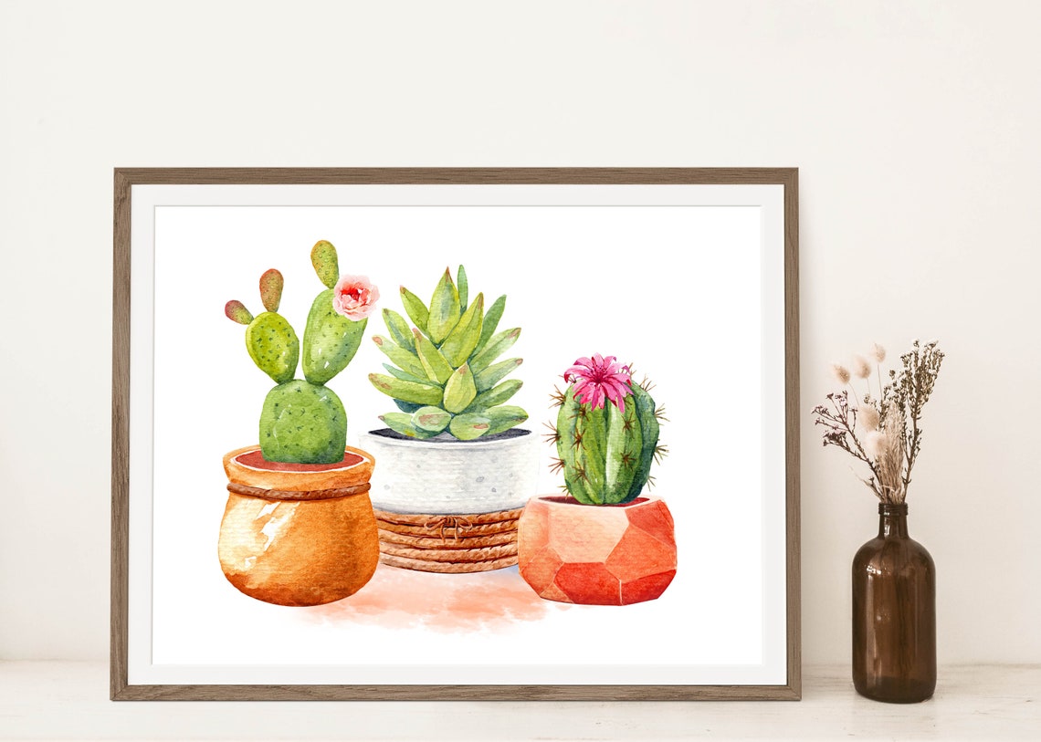 Potted Cactus and Succulent Trio Watercolor Botanical Art Poster - Image 2