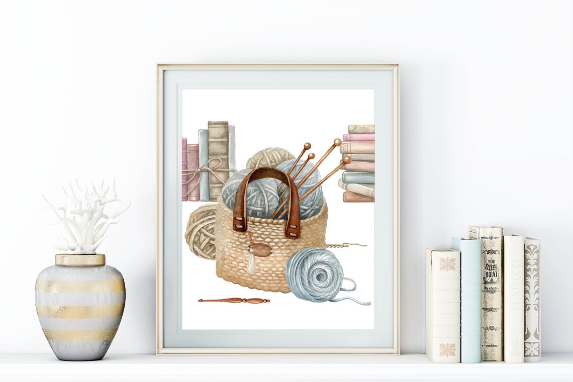 Watercolor Knitting Basket Yarn Needles Cozy Craft Room Wall Art